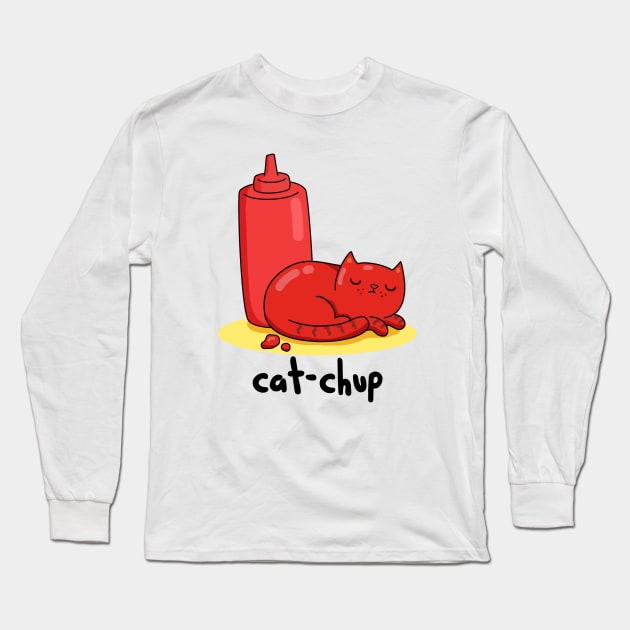 Cat-chup Cute Funny Red Cat Ketchup Pun Long Sleeve T-Shirt by punnybone